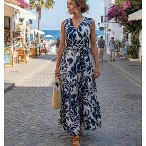 CIVICO 51 Size M Maxi Dress Made in Italy Pockets Lined 100% Cotton Boho Chic